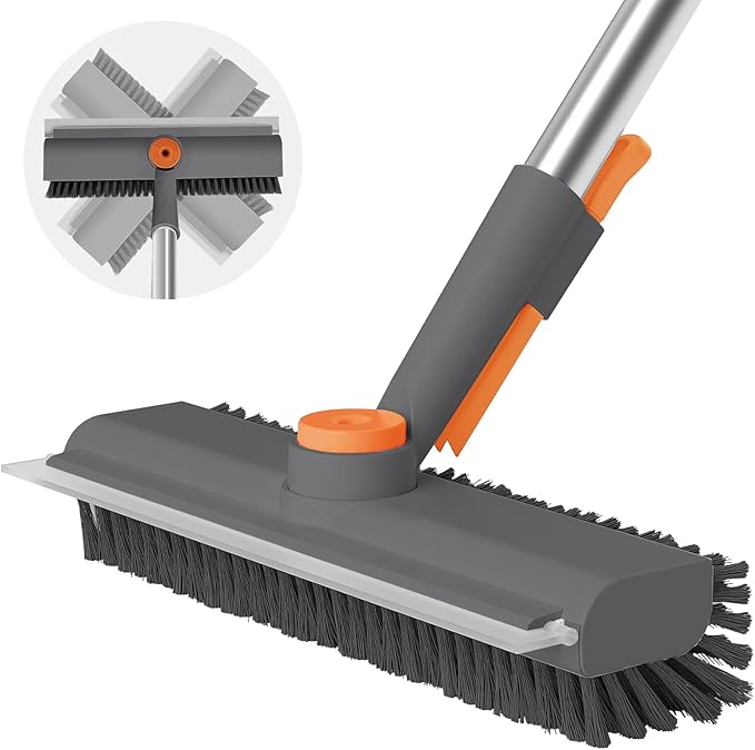 AIR U+ Floor Scrub Brush with Long Handle, 3 in 1 Scrape and Heavy-Duty Stiff Bristle Scrubber Brush for Cleaning Shower Bathroom, Patio, Garage, Kitchen, Wall and Deck