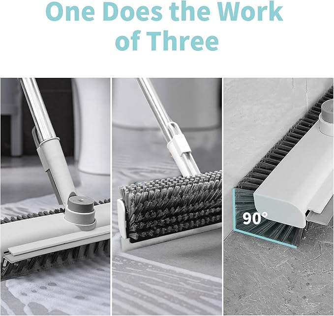 AIR U+ Floor Scrub Brush with Long Handle, 3 in 1 Scrape and Heavy-Duty Stiff Bristle Scrubber Brush for Cleaning Shower Bathroom, Patio, Garage, Kitchen, Wall and Deck