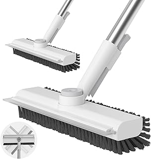 AIR U+ Floor Scrub Brush with Long Handle, 3 in 1 Scrape and Heavy-Duty Stiff Bristle Scrubber Brush for Cleaning Shower Bathroom, Patio, Garage, Kitchen, Wall and Deck
