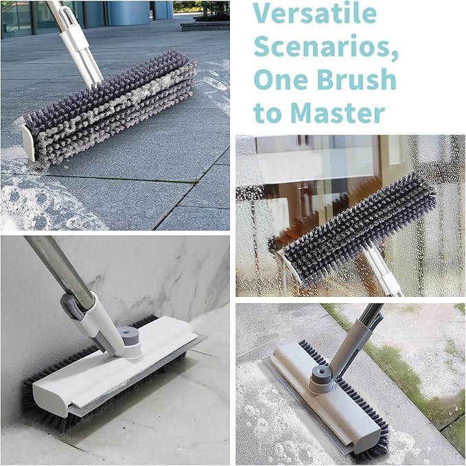 AIR U+ Floor Scrub Brush with Long Handle, 3 in 1 Scrape and Heavy-Duty Stiff Bristle Scrubber Brush for Cleaning Shower Bathroom, Patio, Garage, Kitchen, Wall and Deck