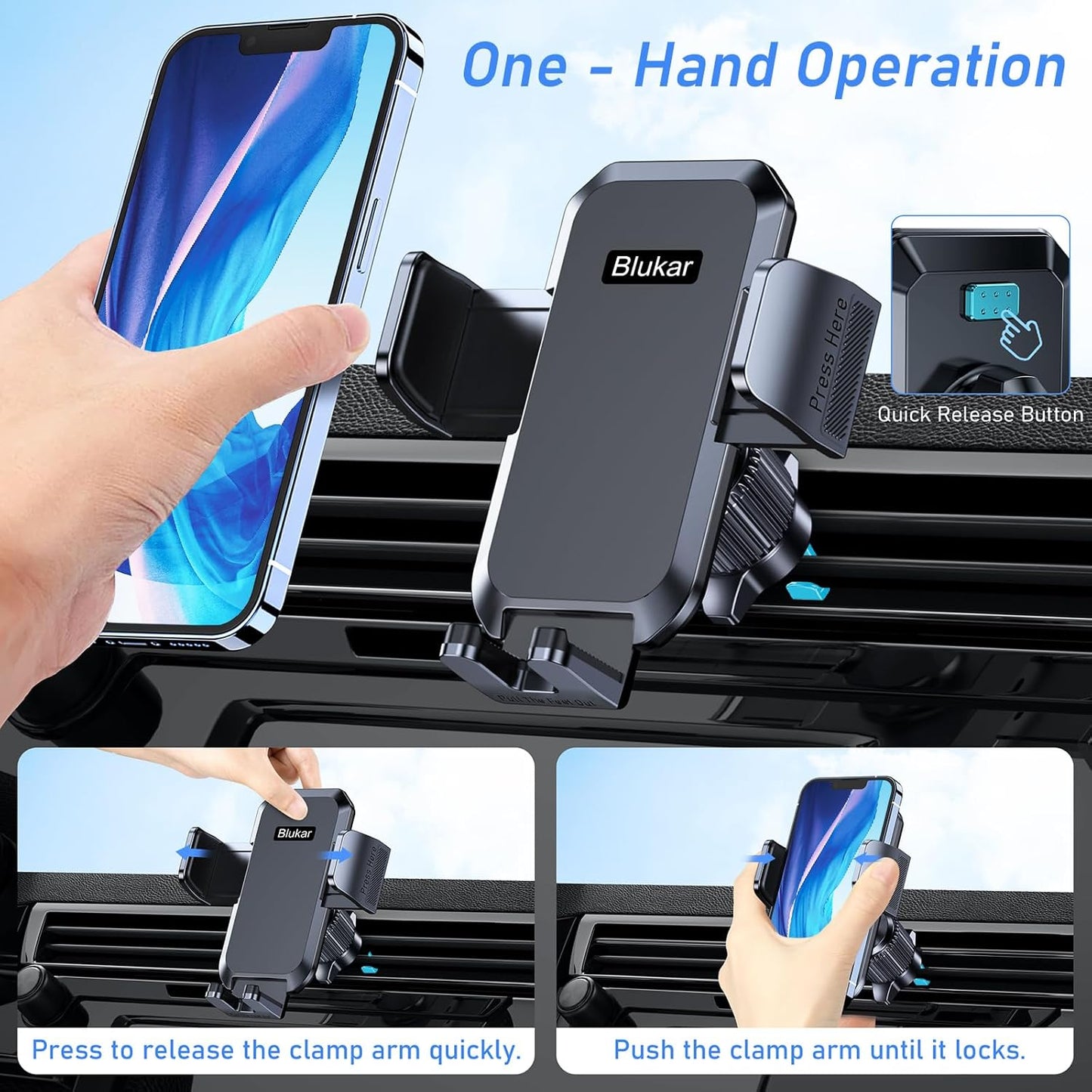 Car Phone Holder Mount, Super Stable Air Vent Cell Phone Car Mount with 2025 Metal Hook Clip, 360° Rotation,One Button Release for iPhone, Samsung, Google, and All Other Smartphones